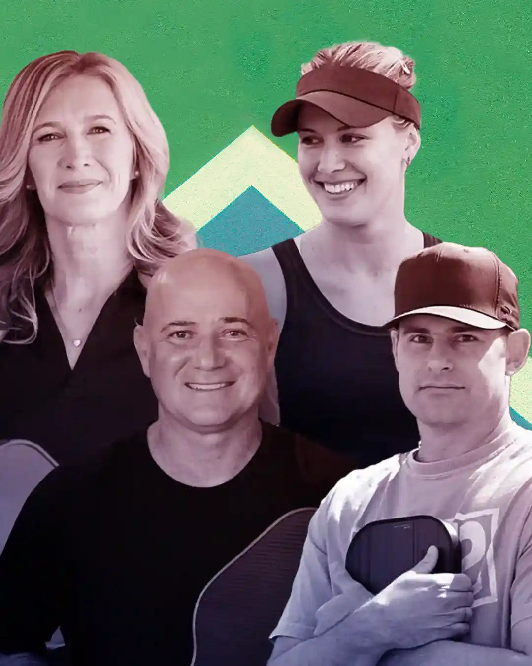 Affiche du Pickleball Slam : quatre légendes du tennis avec des raquettes de pickleball — match d’exhibition télédiffusé.