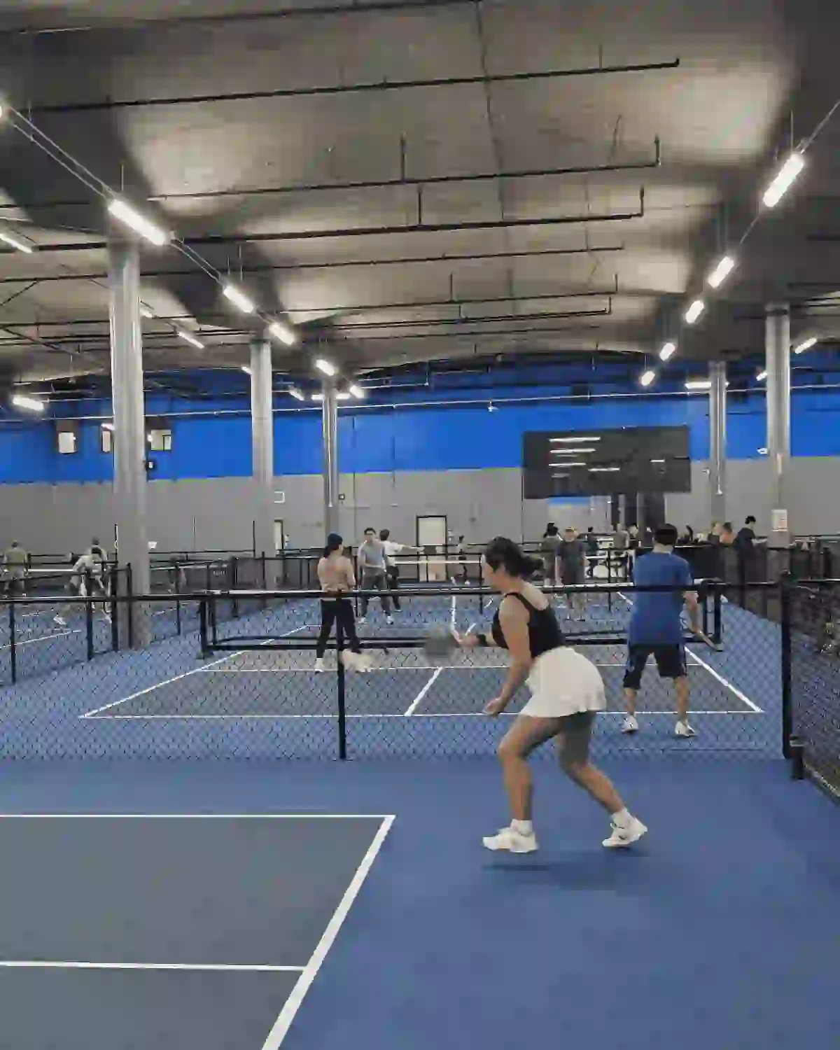 Vue d'ensemble d'un terrain de pickleball en intérieur en France