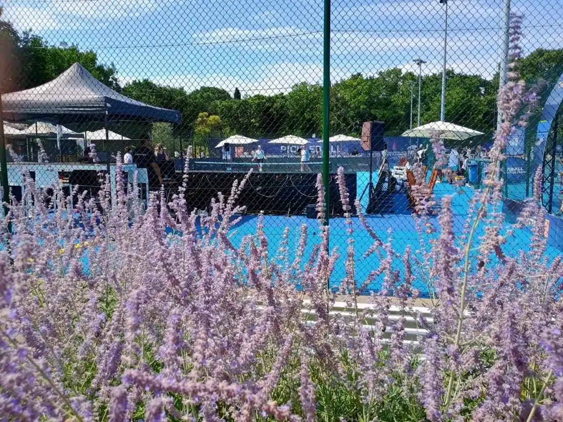 Terrains extérieurs des Championnats de France de pickleball 2026 vus derrière des fleurs en bord d’allée