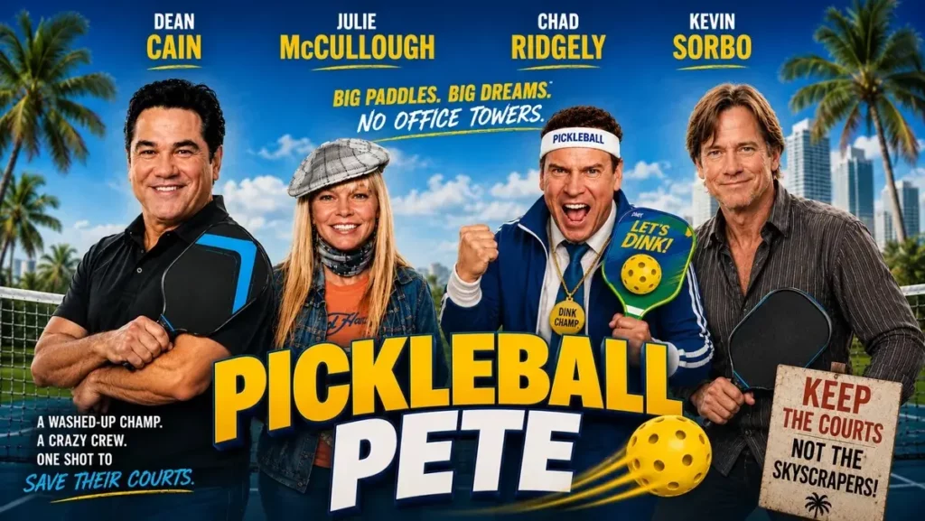 Affiche officielle du film Pickleball Pete avec Dean Cain, Julie McCullough, Chad Ridgely et Kevin Sorbo